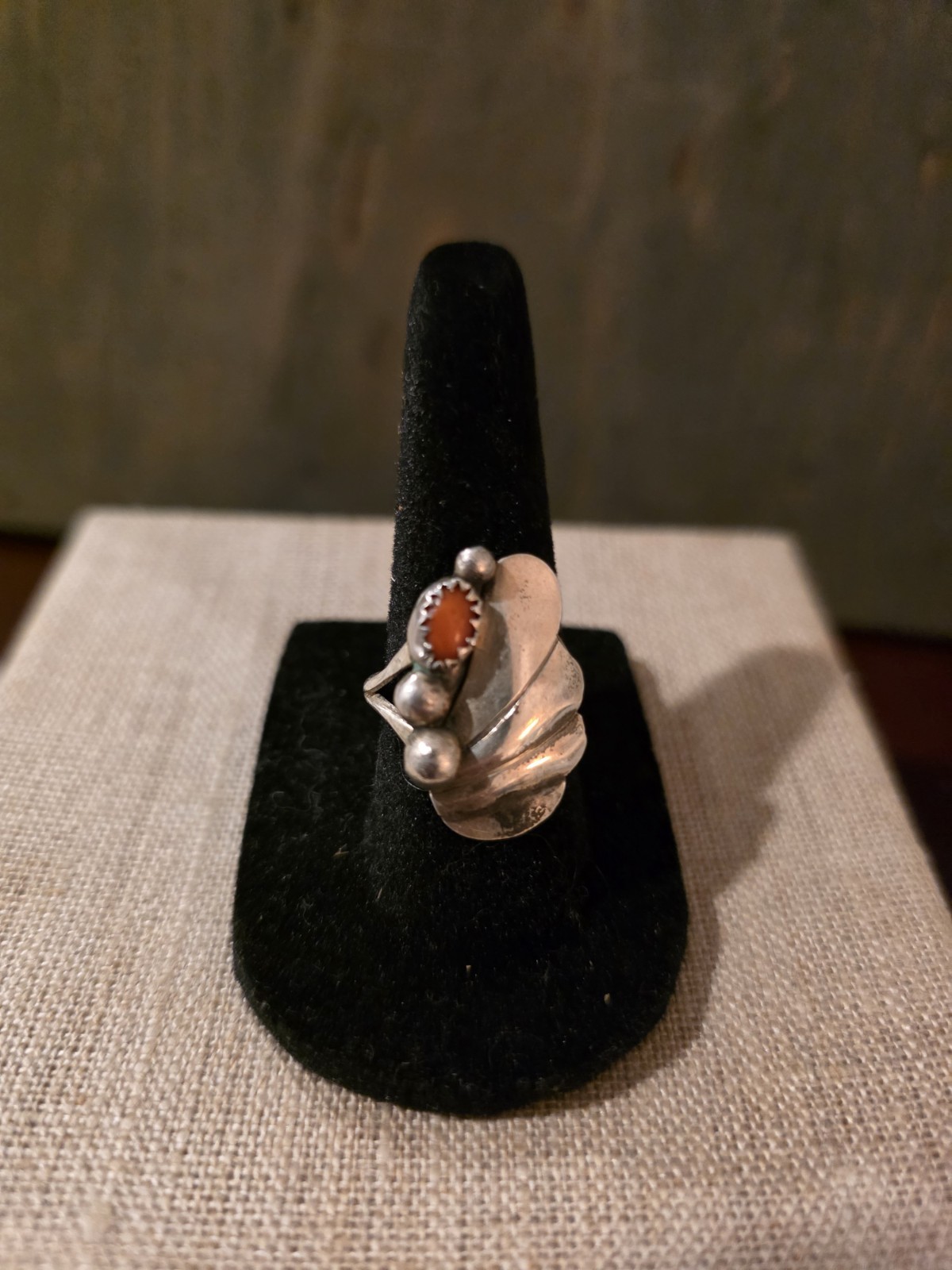 Vintage Sterling Handmade Native American Coral Stone Ring size 6 3/4