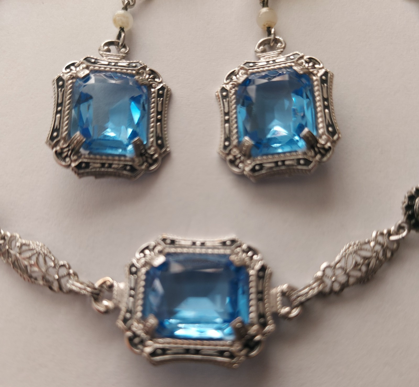 Antique Art Deco Blue Faceted Glass Ornate Filigree Bracelet & Earrings Set