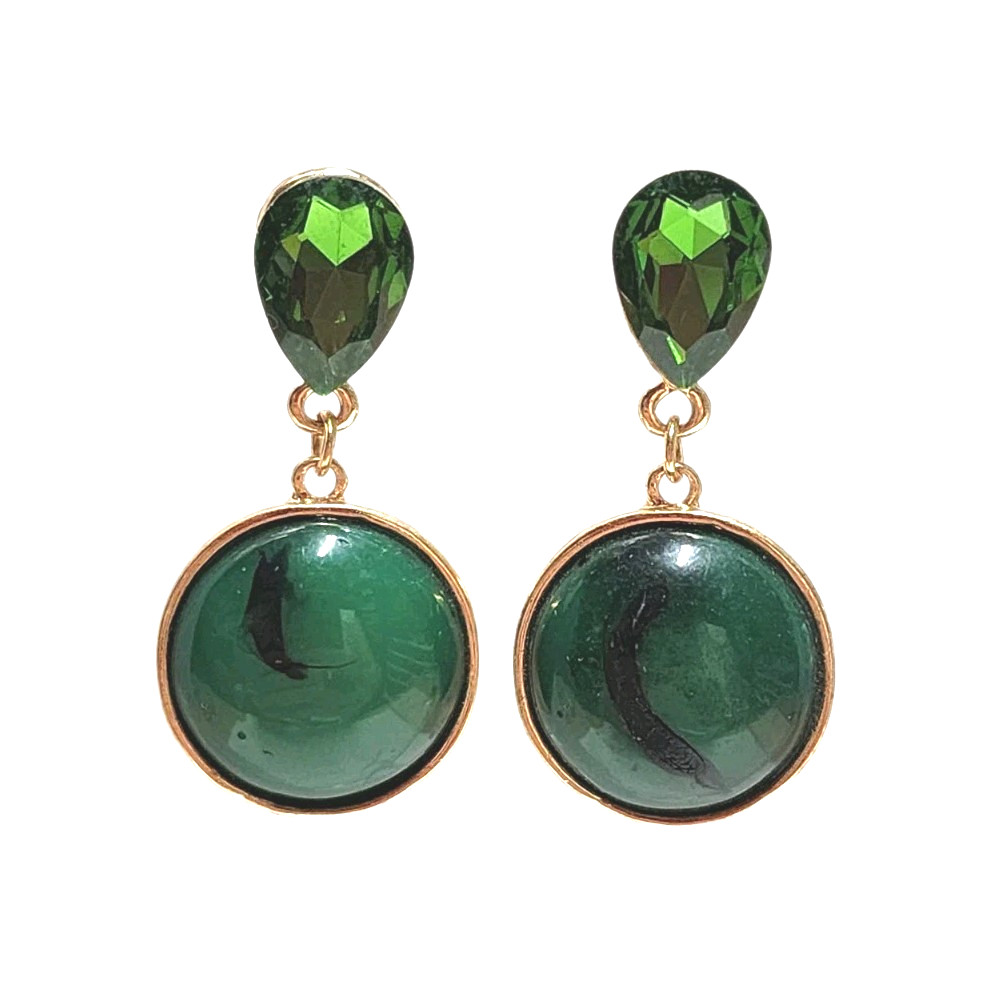 Vintage Green Faux Stone Rhinestone Gold Tone Dangle Earrings Teardrop Round GUC