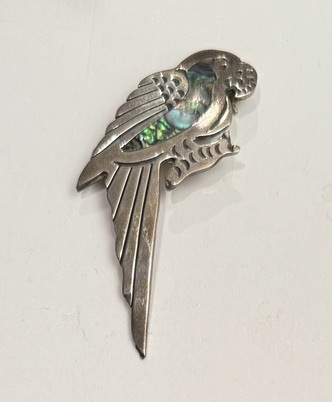 Vintage 925 Silver Abalone Paua Shell Inlaid PARROT BROOCH 2.5”