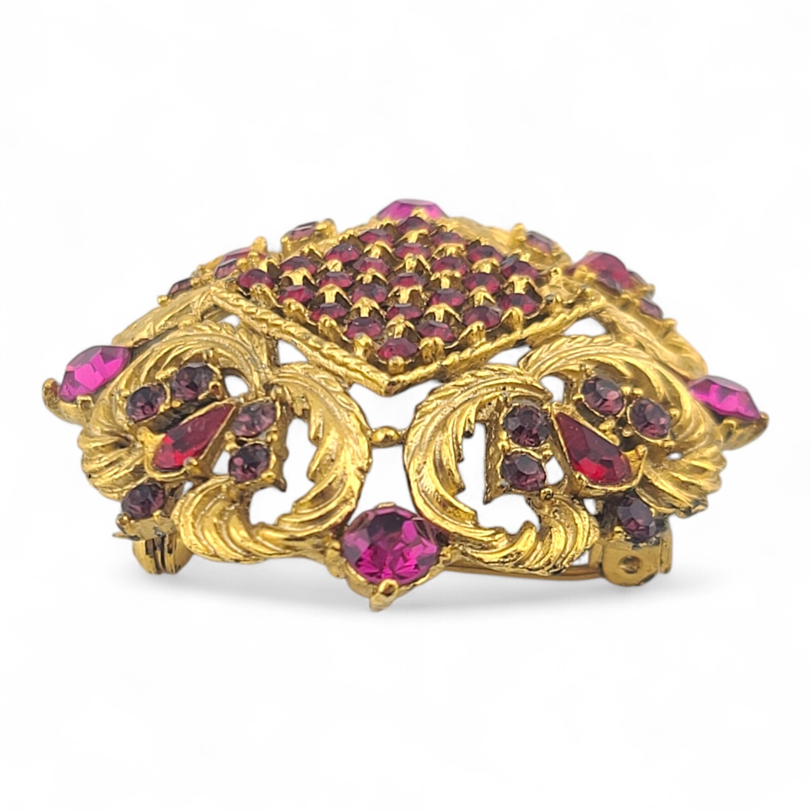 Vintage Sphinx Fuchsia Shades Of Pink Red Brooch Gold Tone Rhinestone Pin