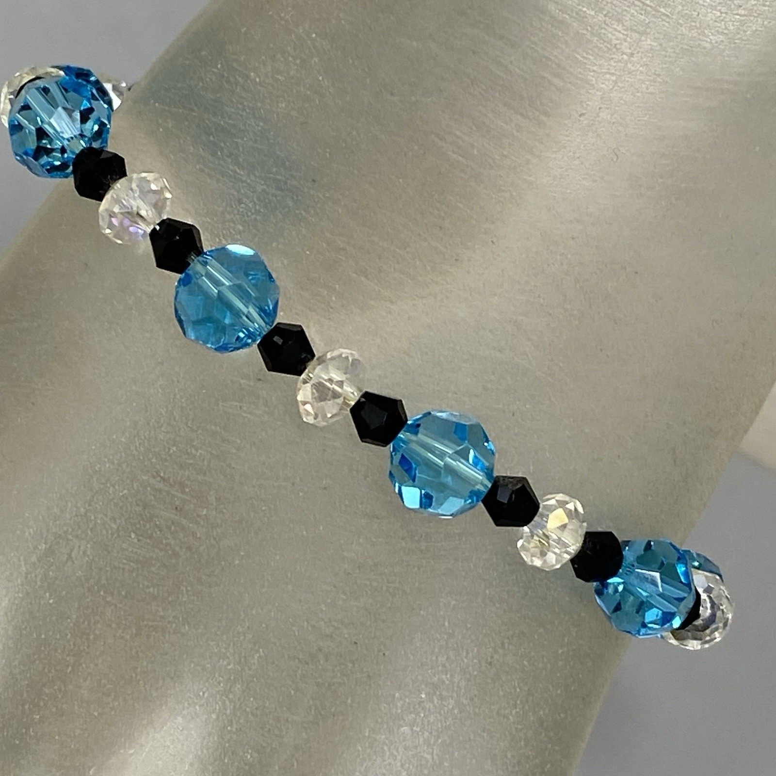 Blue Glass Beaded Bracelet Clear Black Faceted Fire Polished Stretch Elastic 7″