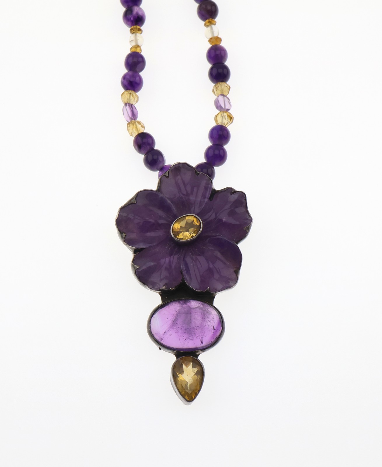 Amy Kahn Russell Sterling Silver Amethyst Citrine Flower Necklace