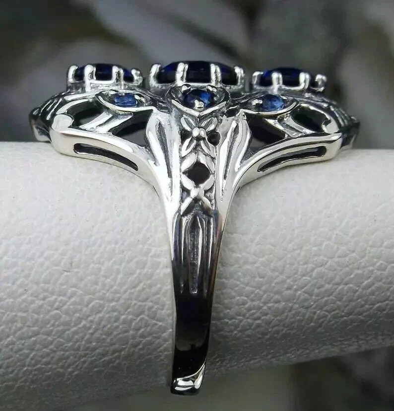 Art Deco 3.6Ct Blue Lab Created Sapphire Wedding 14K White Gold FN Filigree Ring