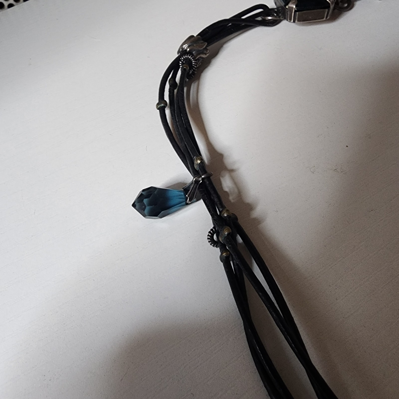 Vintage Van Galz Black Leather Multi Strand Necklace Blue Crystals Heart Charms