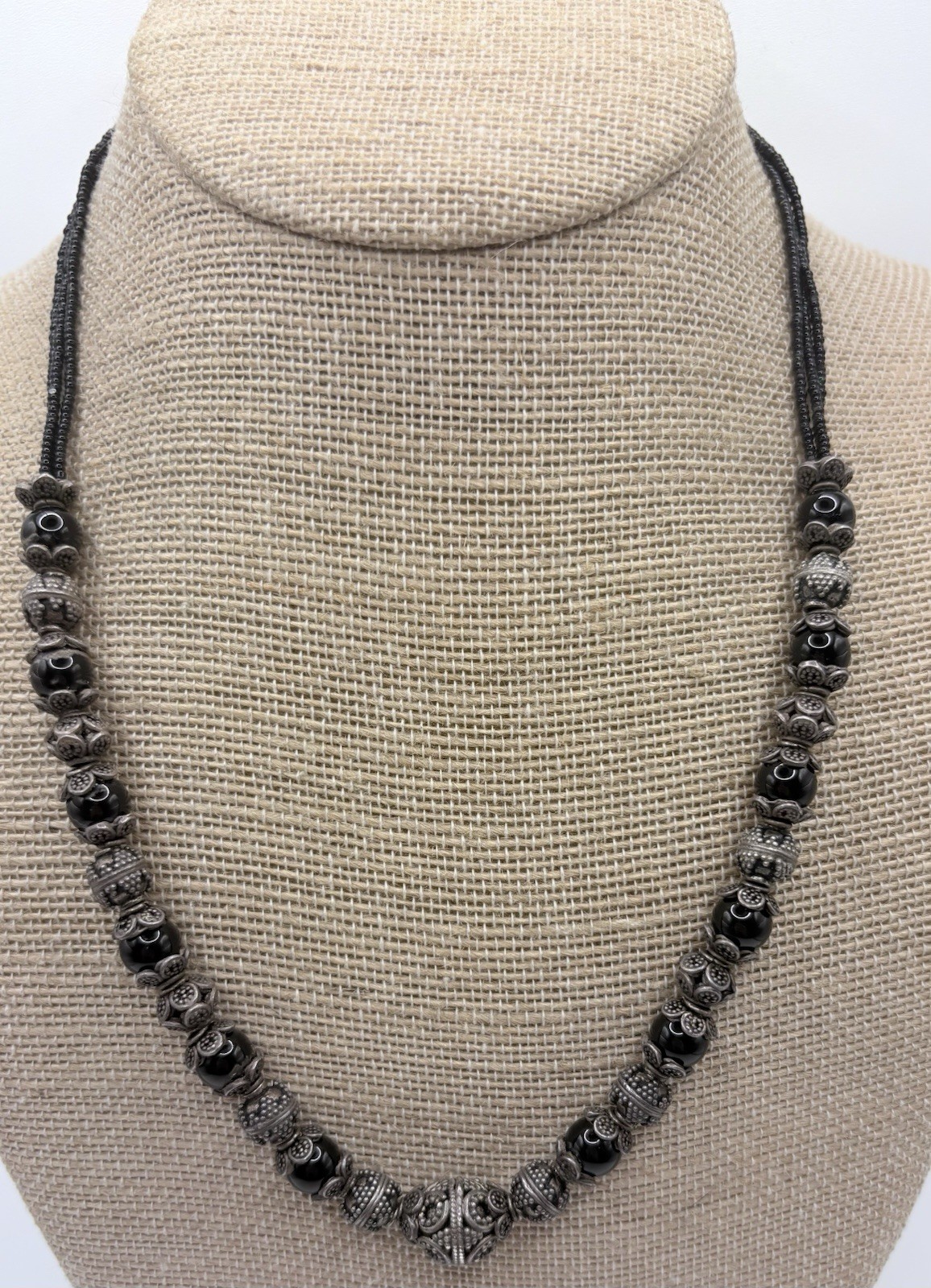 Vintage Bali Style Sterling Onyx Beaded Necklace Granulation 20” Hook Clasp