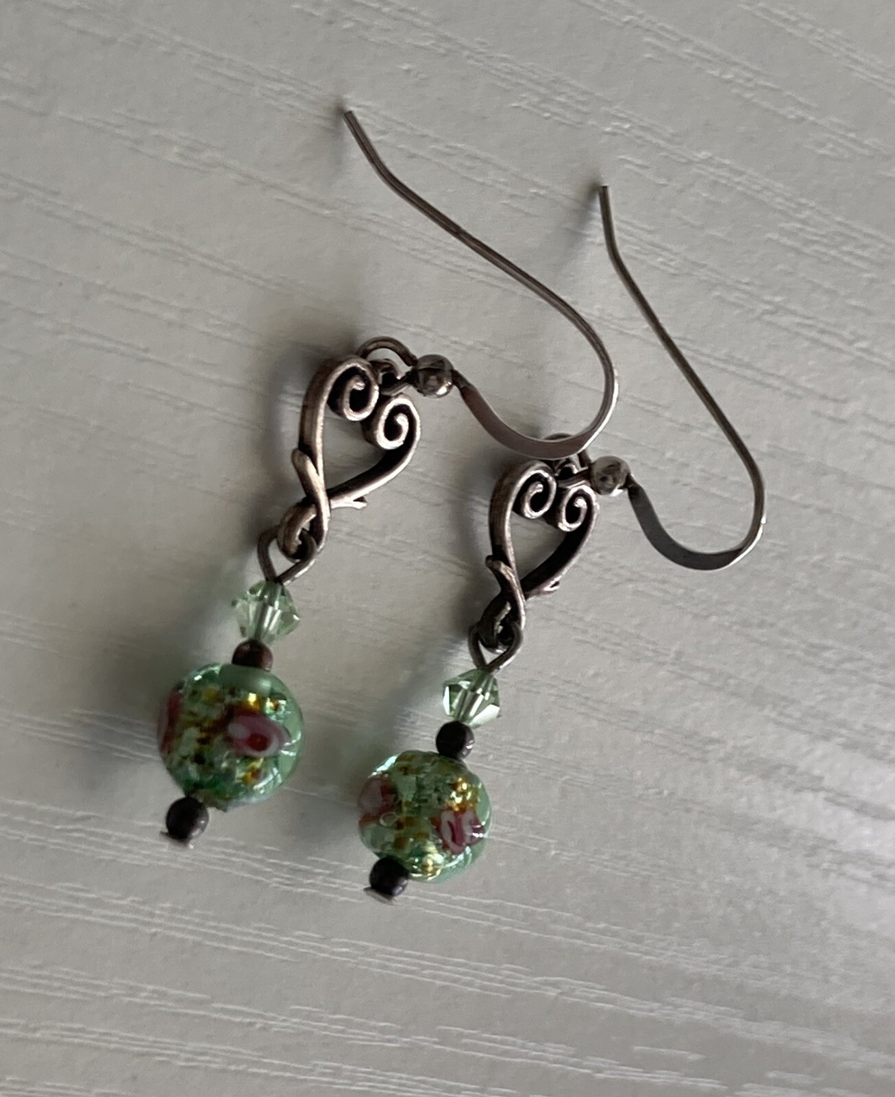Sterling Silver Heart Round Glass Bead Earrings Dangle Drop Green Pink 1.75inch