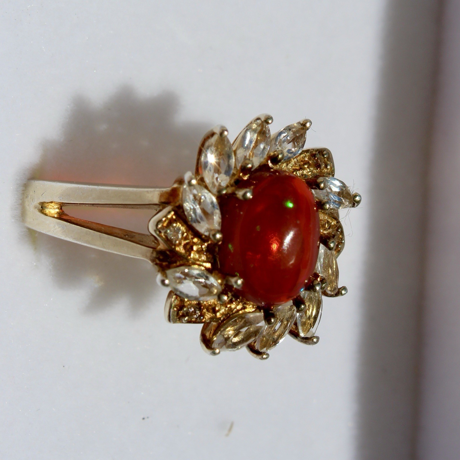 Antique Opalescent Amber Cabochon & Spinel Ring, 2 Carats 9K Gold