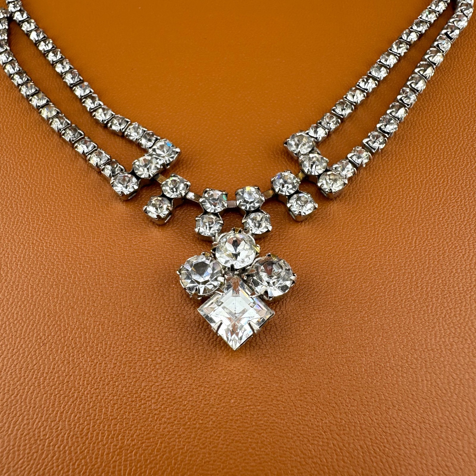Vintage Rhinestone Festoon Style Necklace Silver Tone Cup Chain Clear Stones