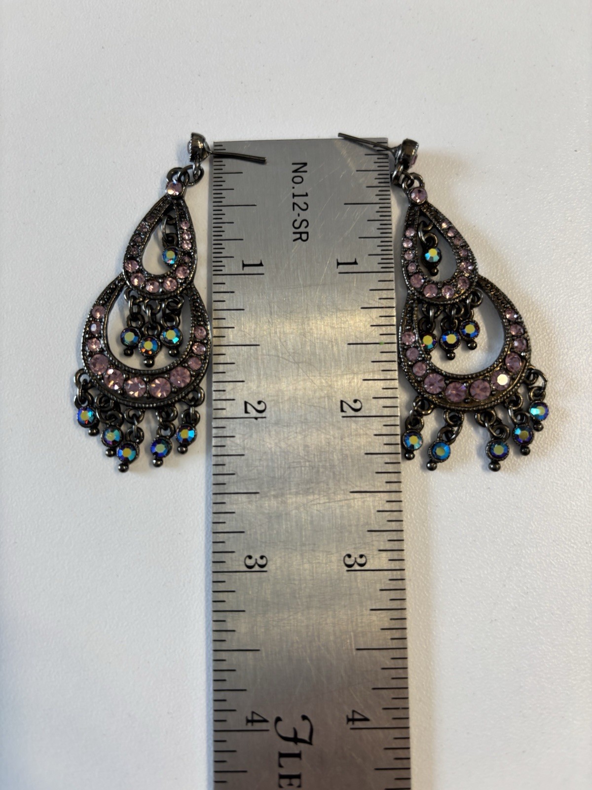 Vintage Gunmetal Pink Rhinestone Chandelier Earrings Aurora Borealis Drop Post