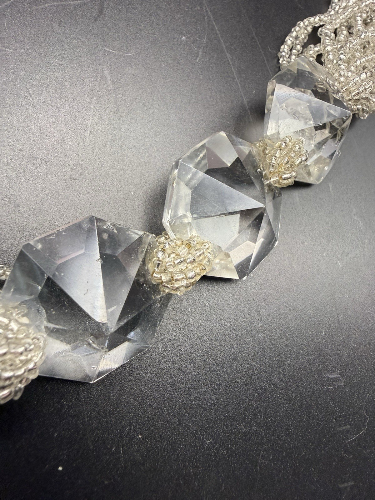 Vintage 25 Strand Silver Tone Clear Seed Bead & Faceted Crystal Necklace