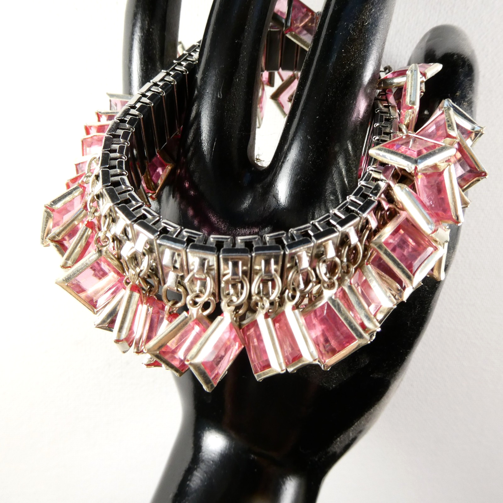 Vintage PINK Square Faux Crystals CHA-CHA Bracelet Silver Tone Expansion Stretch