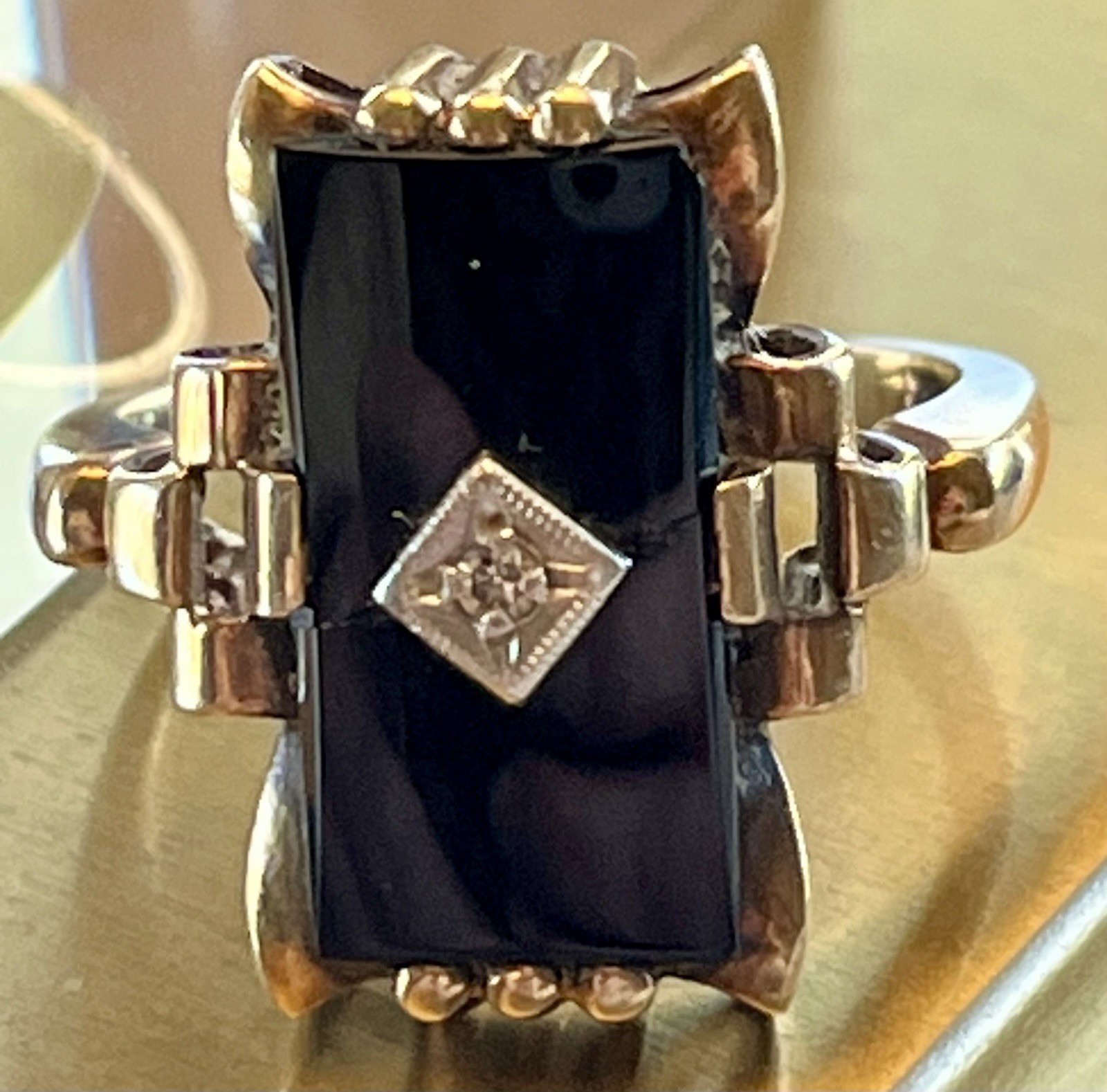 🖤 Antique Art Deco Large Rectangle Black Onyx & Diamond 10k Yellow Gold Ring 6