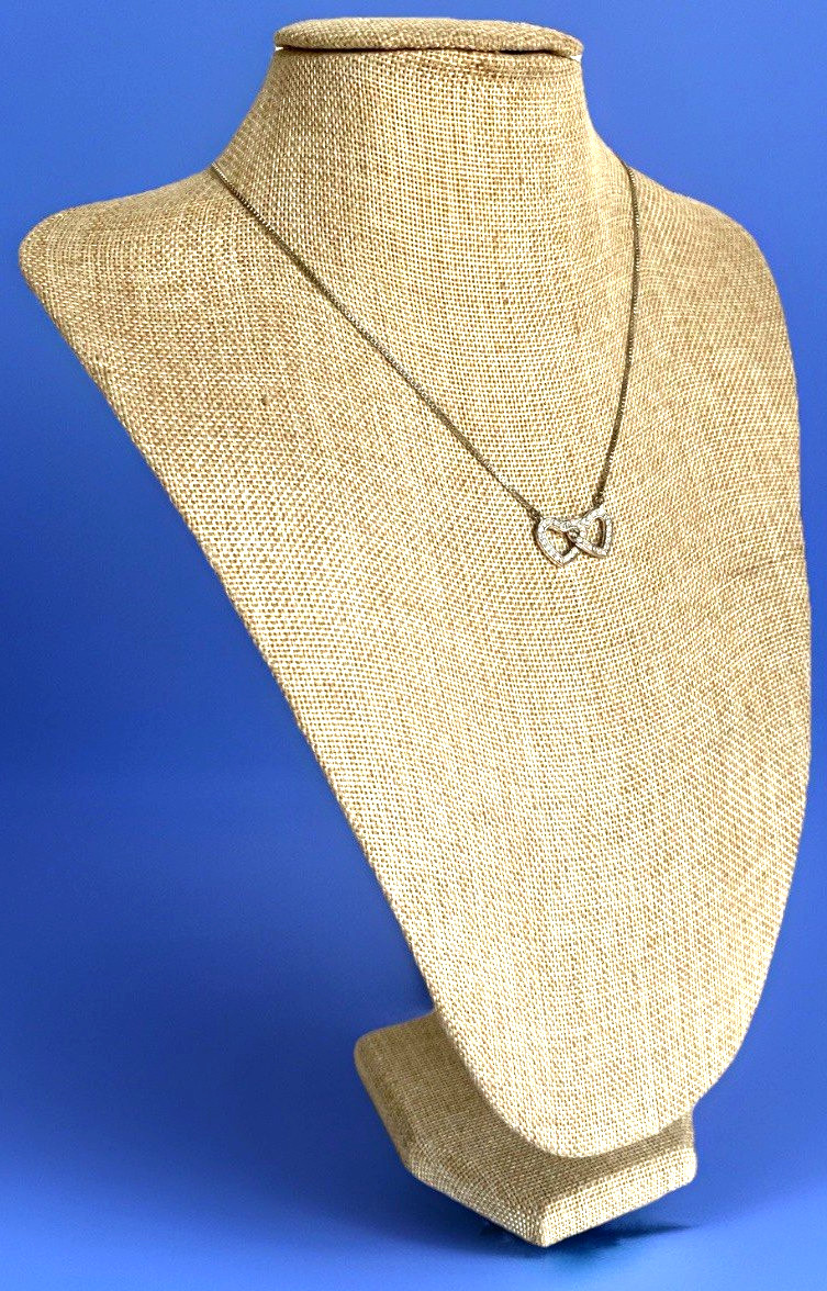Vtg Adjustable Anne Klein Silver Tone Interlocking Heart Necklace, 16″ – 18-3/4″