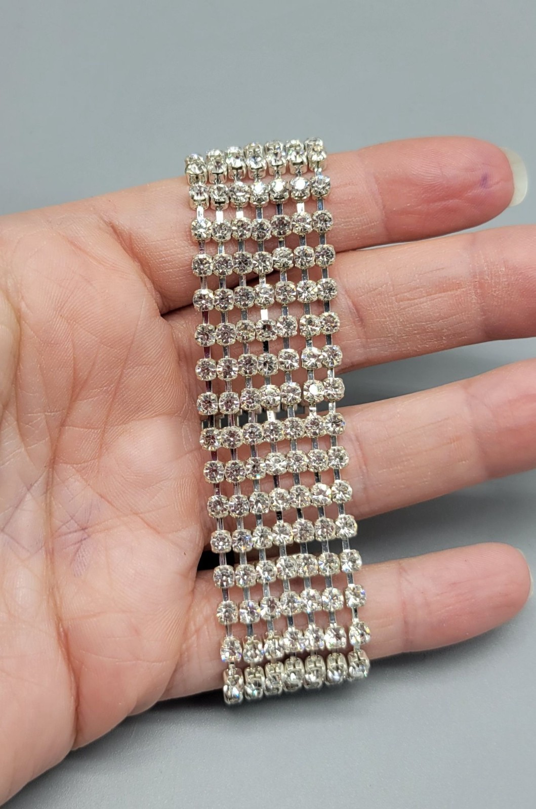 Vintage Silver Tone 7 Multi-strand Layered Clear Rhinestone Wrap Bracelet B1A
