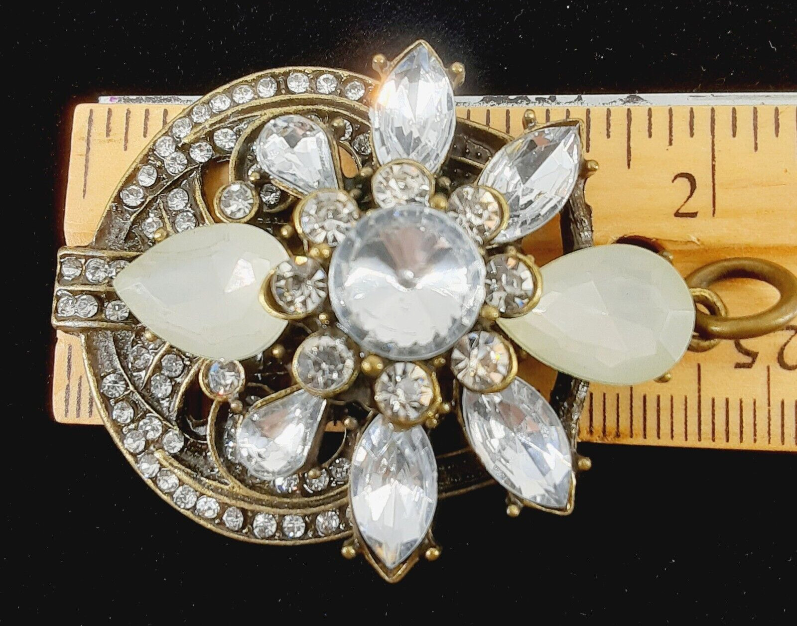 Victorian Inspired Gold Tone Filigree Crystal Rhinestone Oval Pendent No Chain