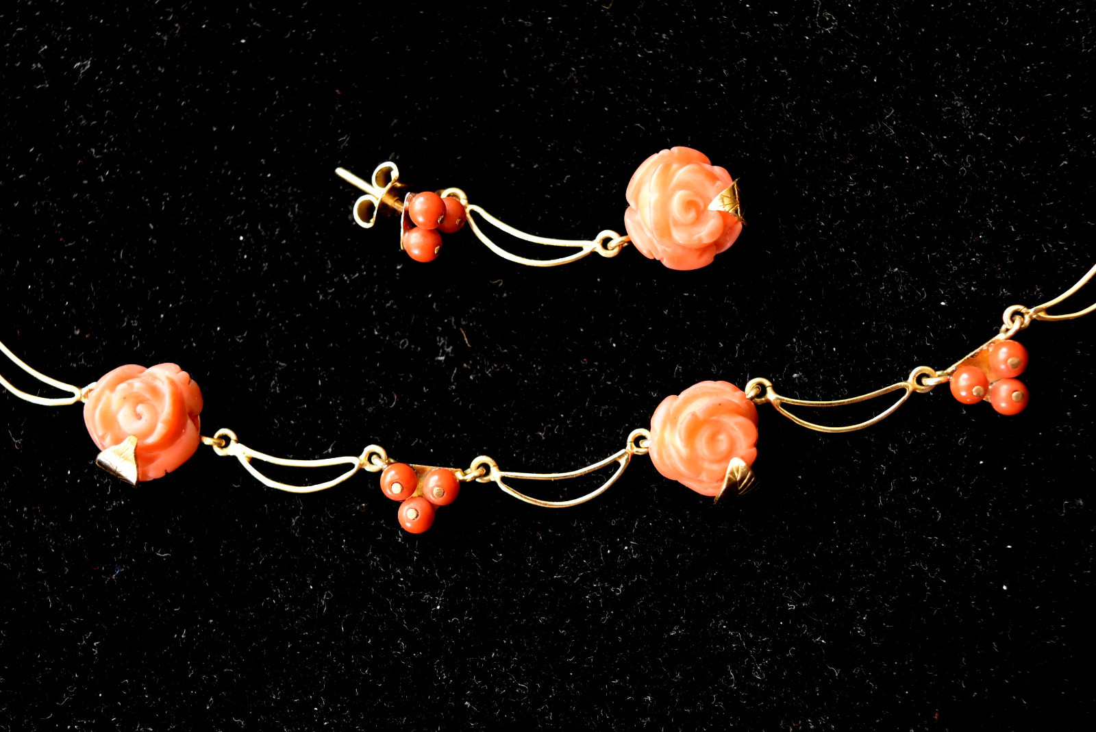 18K Solid Rose Gold and Natural Untreated Coral Necklace, Earrings & Ring Set