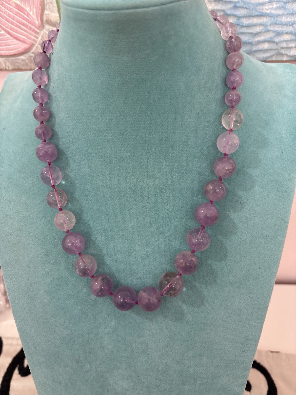 Vintage Chinese Export Sterling Silver Clasp Hand Knotted Amethyst Necklace 20″