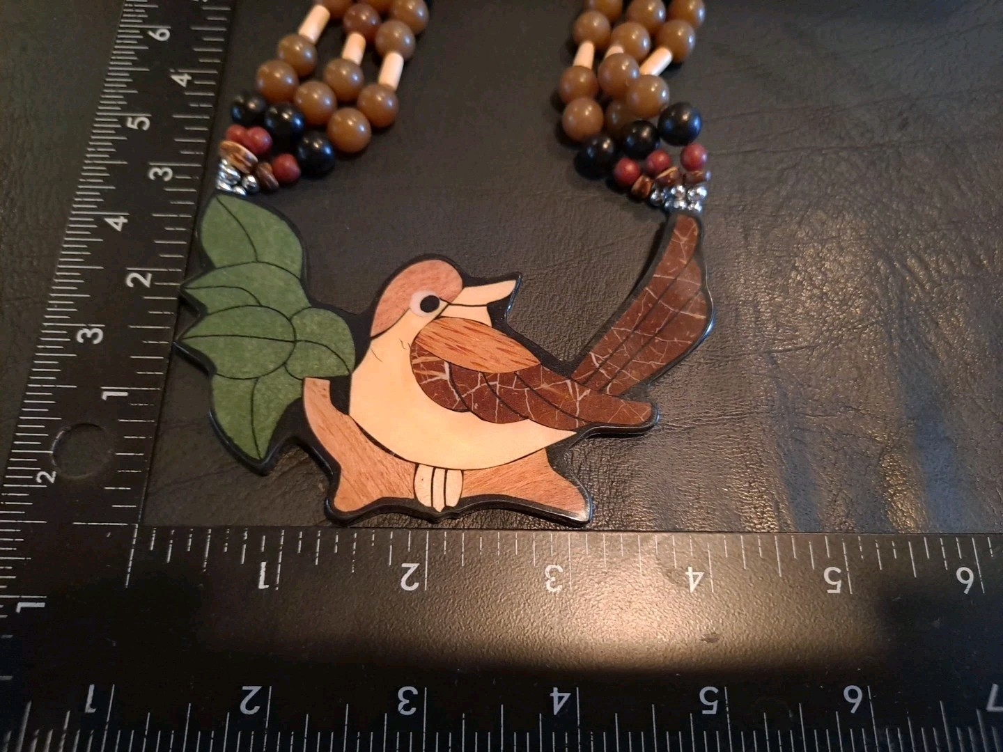 LEE SANDS WOOD INLAY MOSAIC Bird Necklace Vtg Lee Sands Necklace Bird Necklace