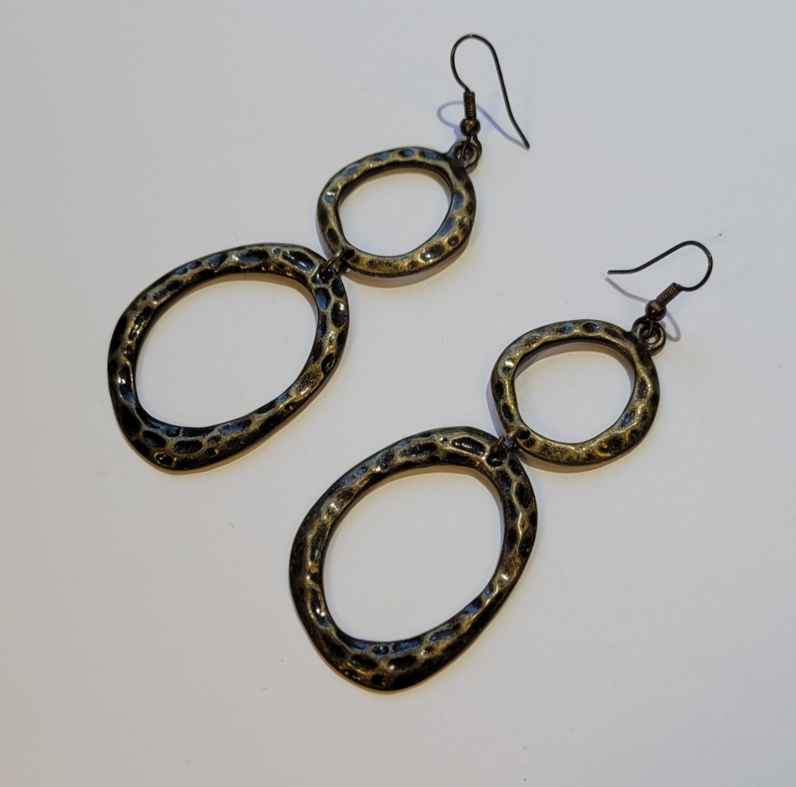 Antiqued Brass Hammered Texture Double Hoops Dangle Pierced Earrings Vintage