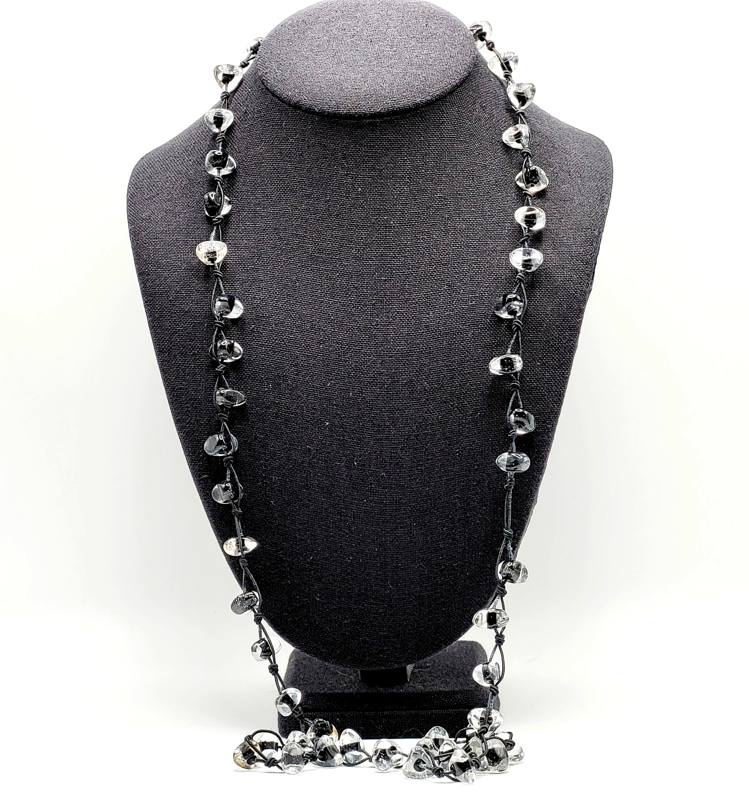 Art Glass Clear Ice Pebble Bead Hand Knot Black Thread Single Strand Necklace