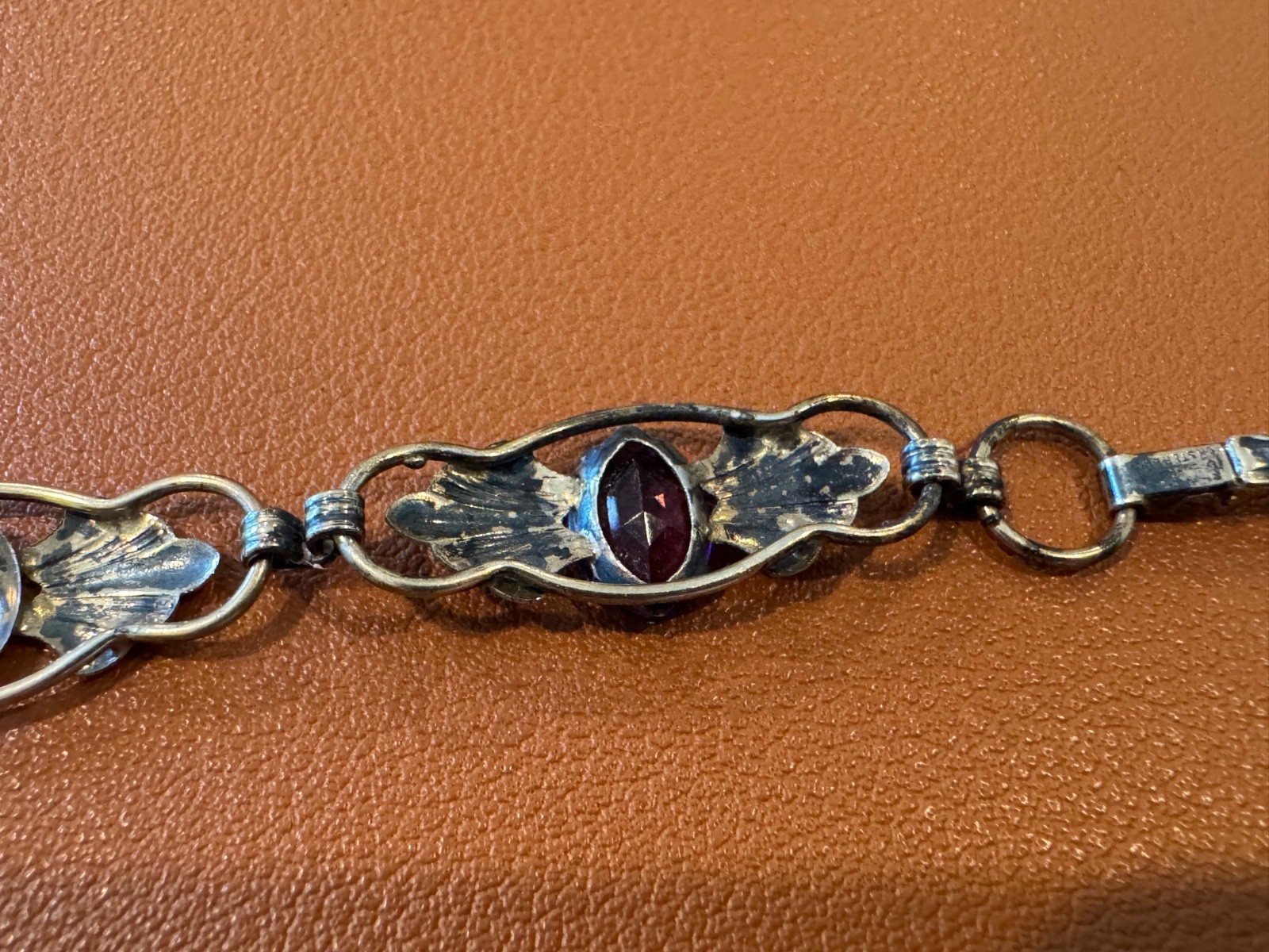 Vtg Antique Gold on Sterling Silver Bracelet w/ Faceted Purple Glass or Stones