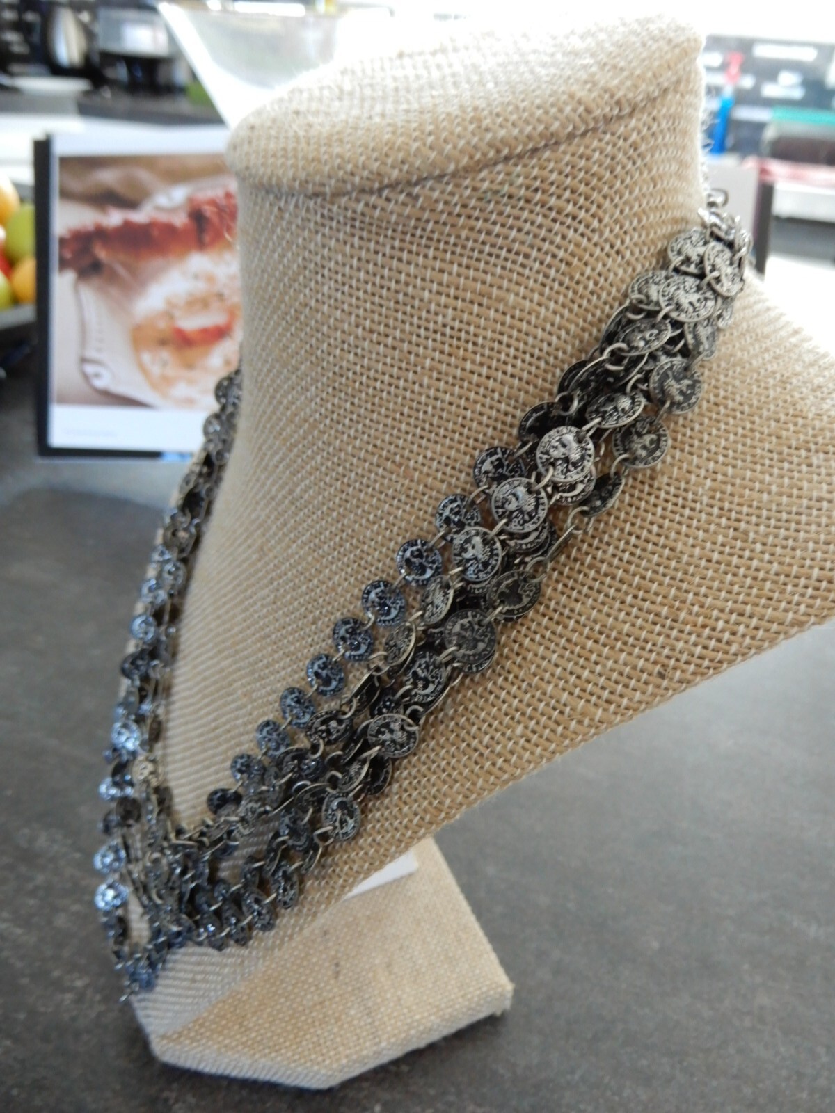 Multi Tier 6 strand Mini Coin Replica Link Silver Tone Necklace