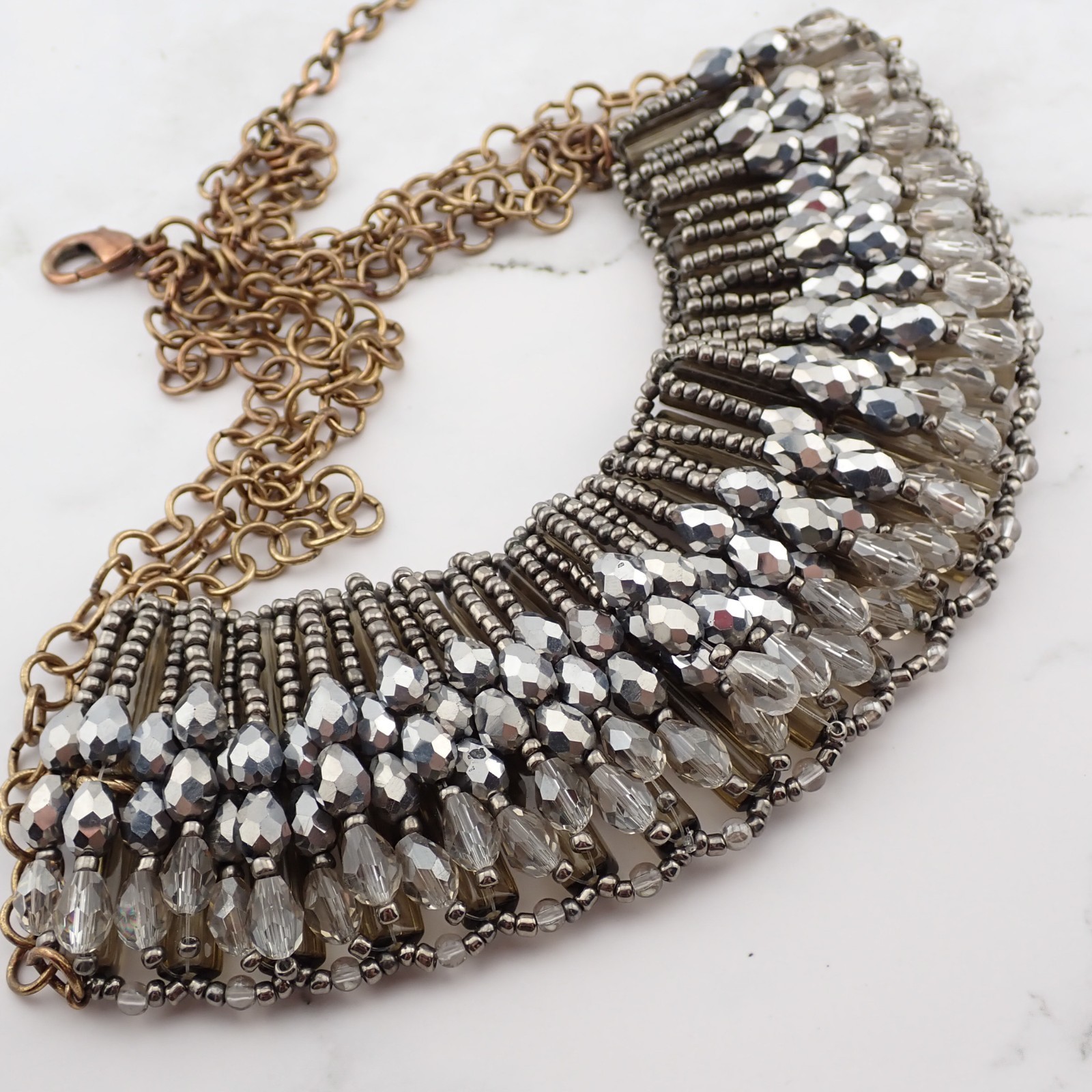 VTG 1 3/4″ Wide Crystal Seed Bead Tubular Bib Reversible Copper Tone 18″ Necklac