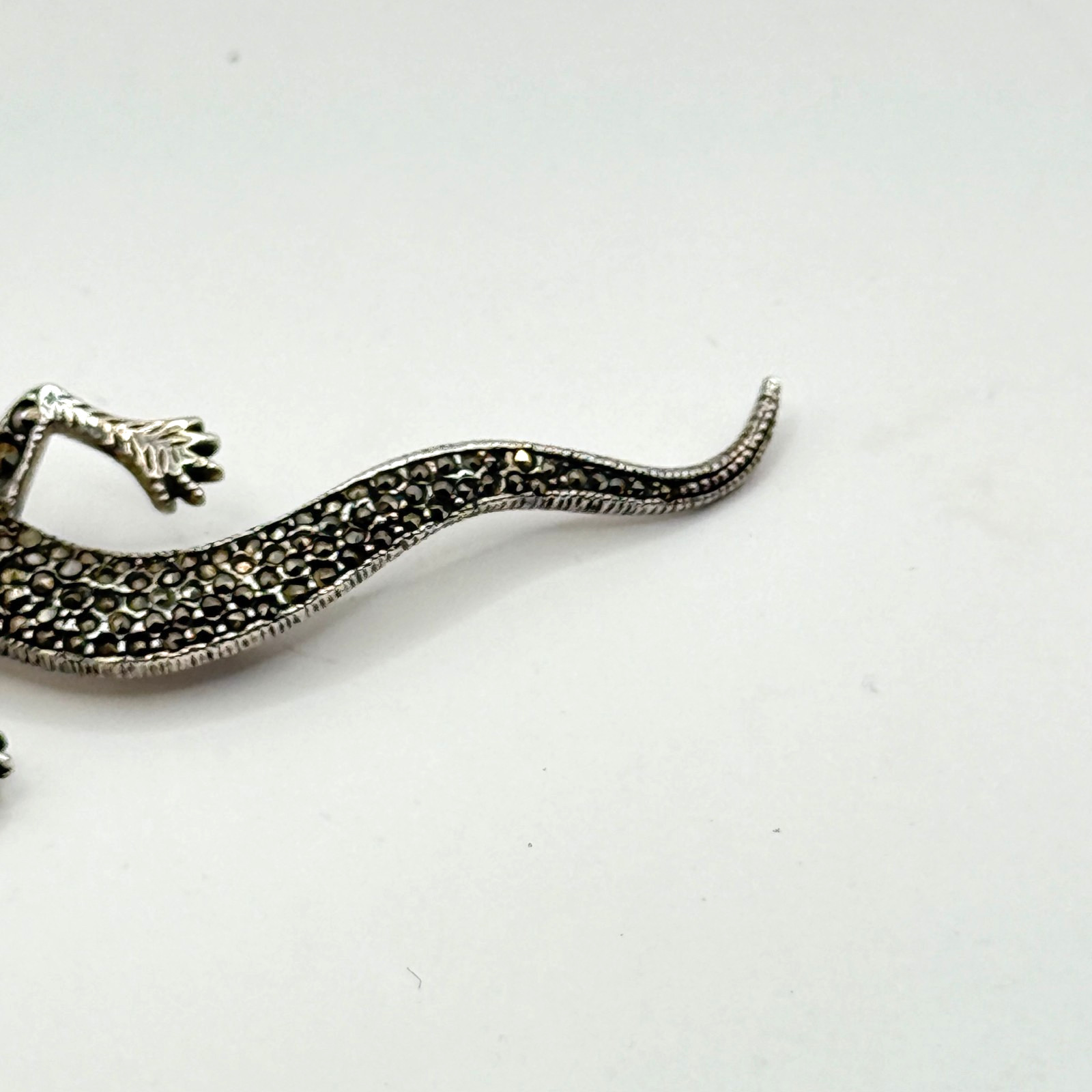 Vintage Marcasite Gem Lizard Pin Brooch 925 Sterling Silver Signed FJ 12.58g