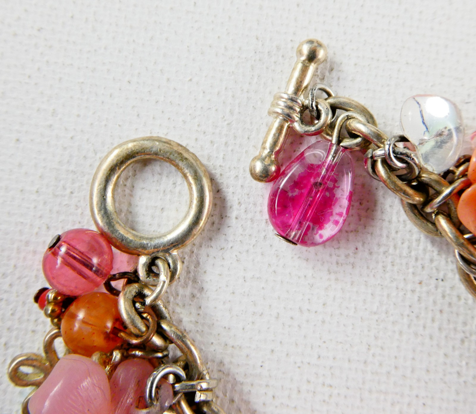 Vintage PINK Flower Charm Bracelet Floral Hearts Enamel Rhinestones Toggle Clasp