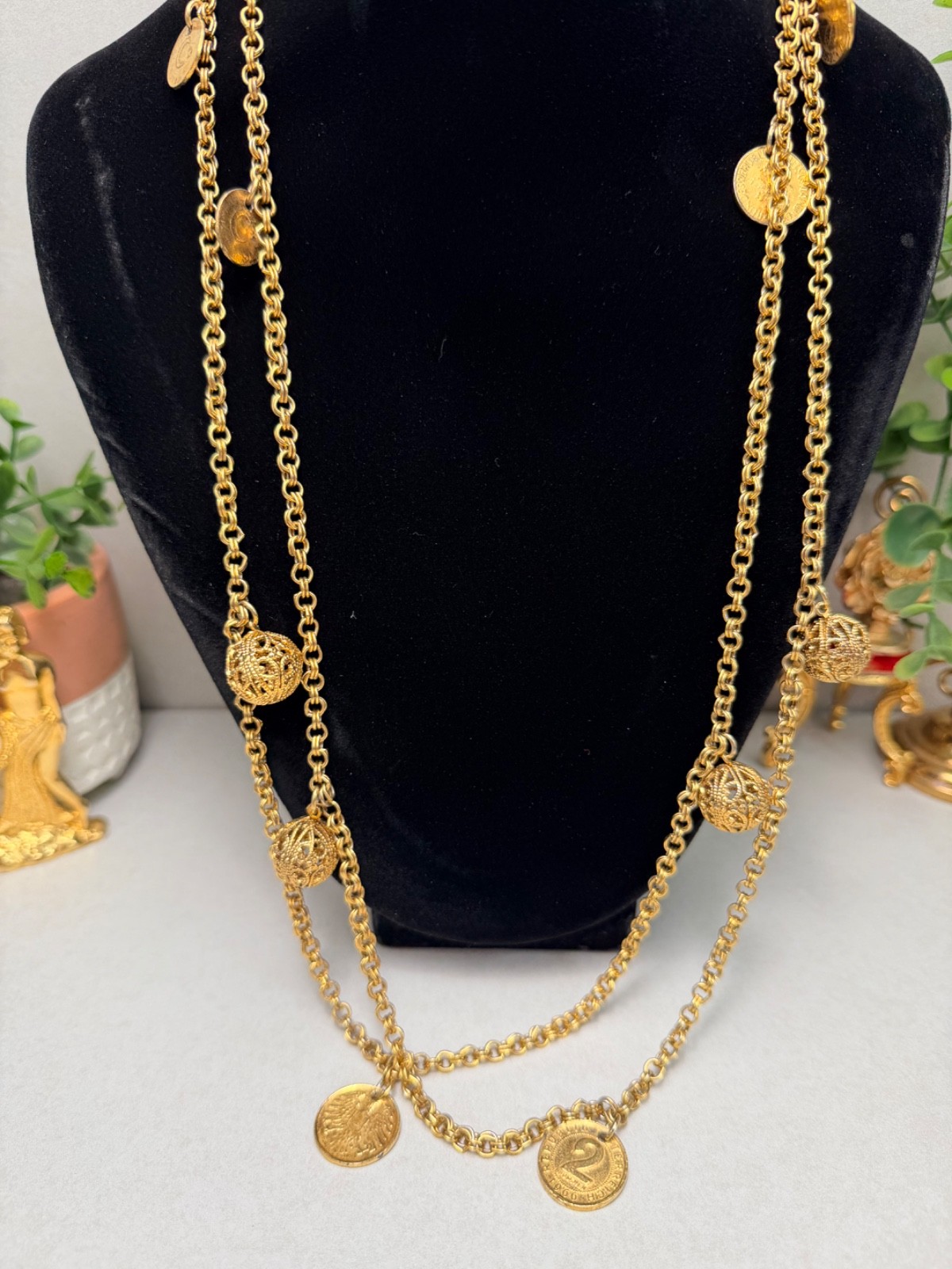 Long Gold Tone Coin Charm Necklace Filigree Ball Accents Boho Vintage