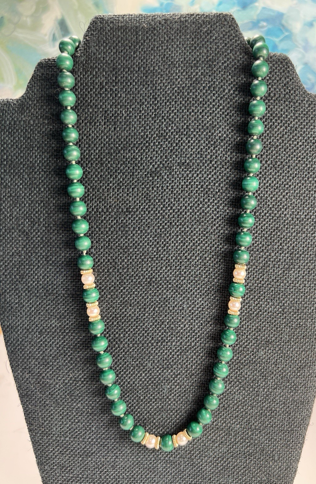 Beaded Malachite Pearl 21″ Necklace 14K Fish Hook Clasp