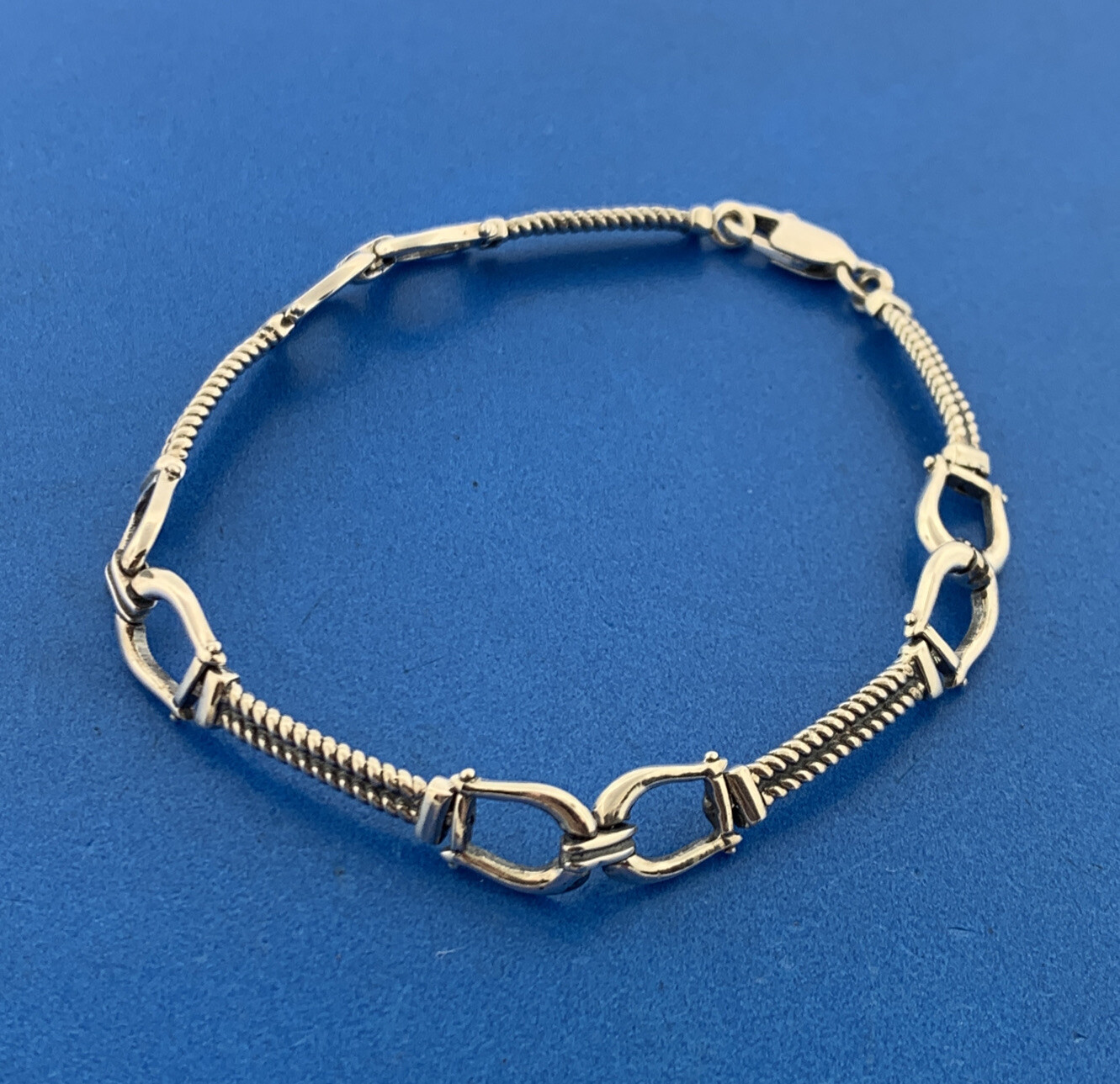 Vintage 925 Sterling Silver Belt Buckle Station Ribbed Bar Link Chain Bracelet