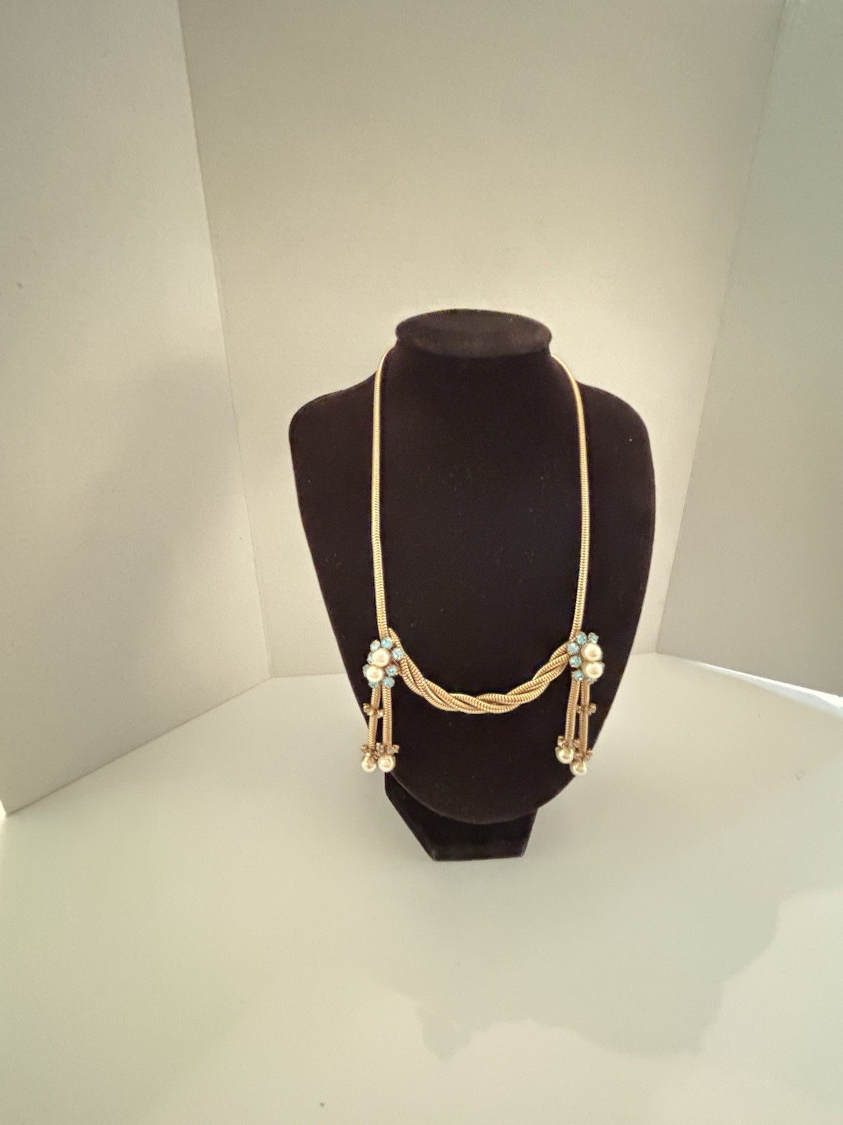 Vintage Gold Tone Festoon Snake Chain Necklace Faux Pearl Aqua Rhinestone 15”