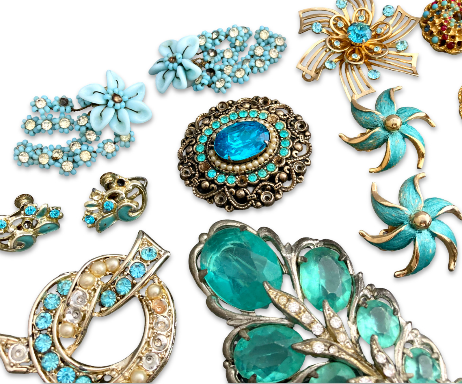 Vintage Blue Rhinestone Costume Jewelry Repair Lot, Brooch Earrings Bracelet Pin