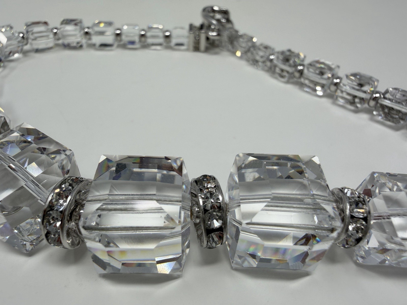 Swarovski Swan Signed Clear Emerald Cut Crystal Necklace Silver Tone 16in Read