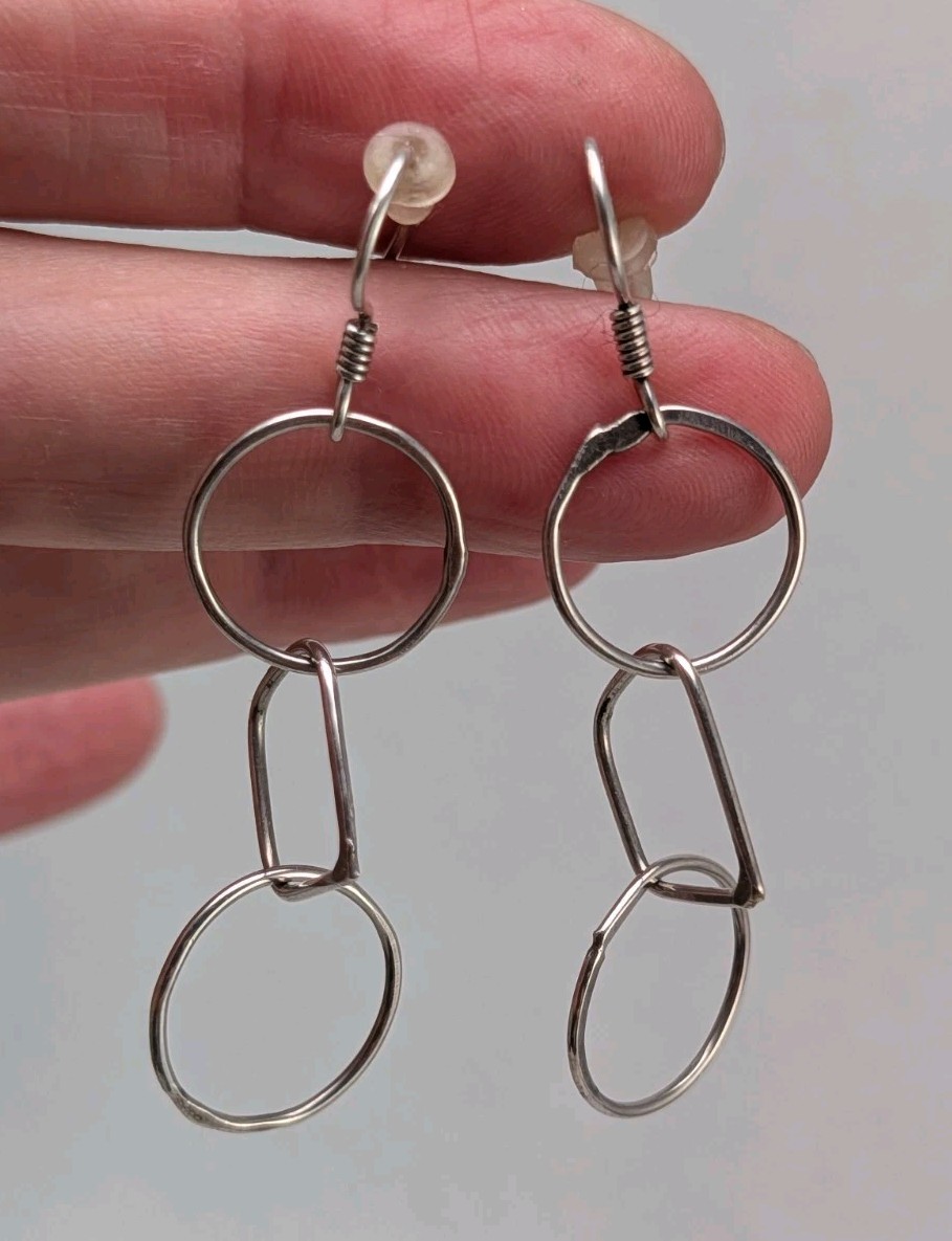 Vintage 90s Sterling Silver 925 Hammered Open Circle Kinetic Dangle Earrings