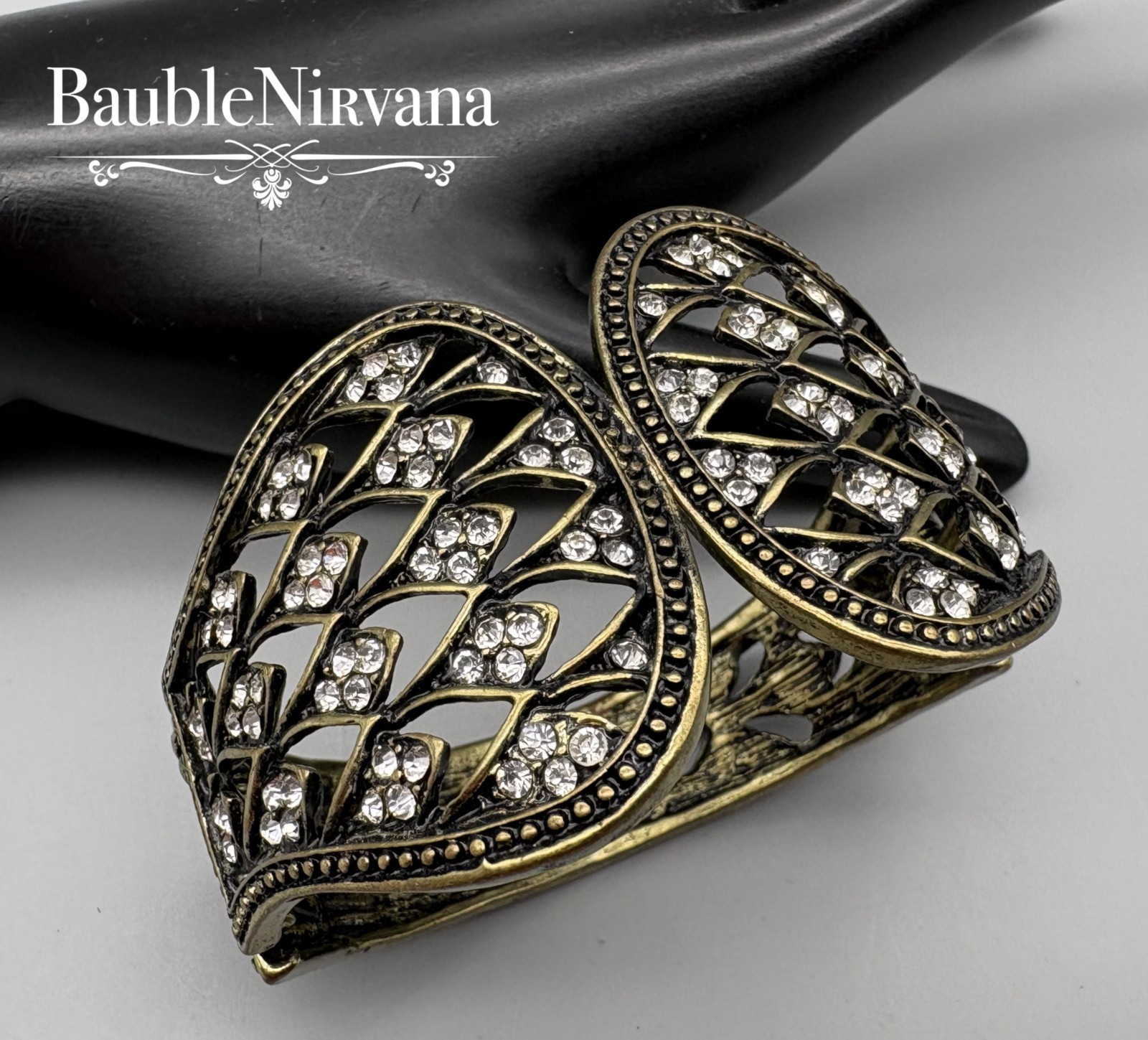 Vintage Extra Wide Gold Tone Pierced Openwork Rhinestones Cuff Bracelet