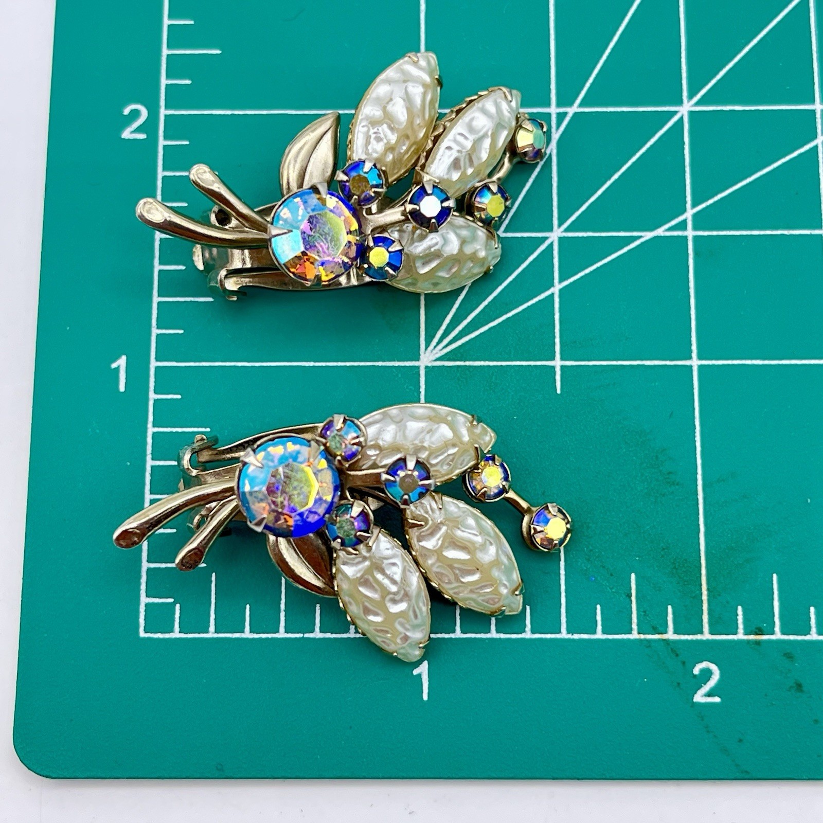 Vintage AB Rhinestone Earrings Faux Pearl Clip Ons Gold Tone Floral Cluster
