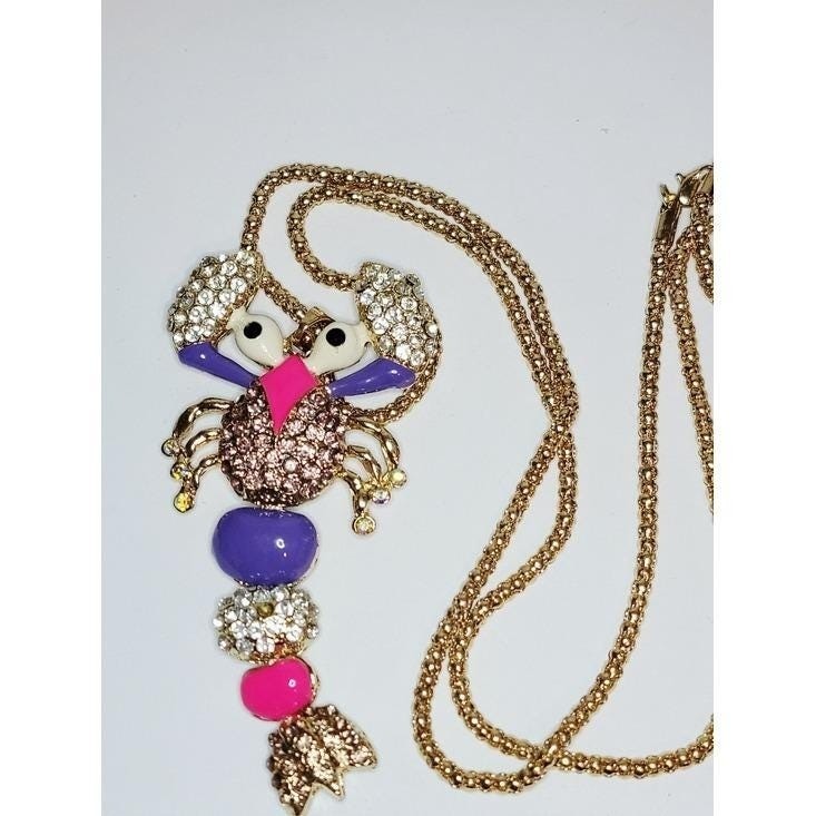 Vintage Betsey Johnson Lobster Pendant Necklace Rhinestone Enamel Statement