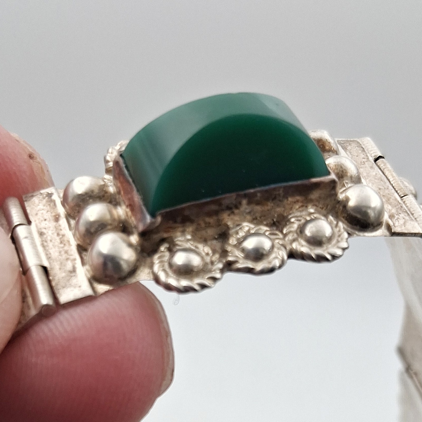 Vintage Sterling Silver Mexico Green Onyx Stones Small Bracelet