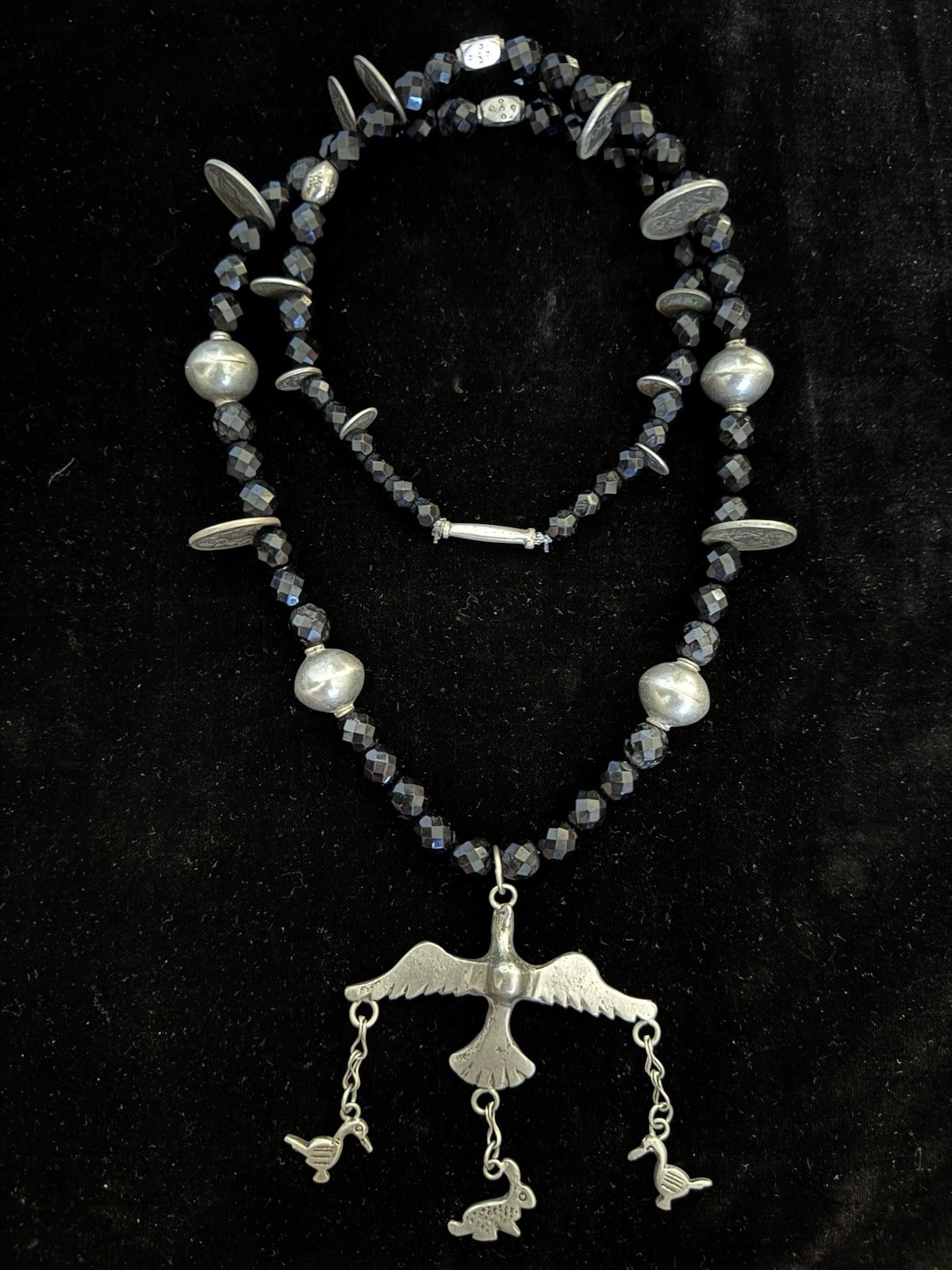 Antique Silver Cross Milagro Charm Necklace, Guatemalan Coins, Black Jet Beads