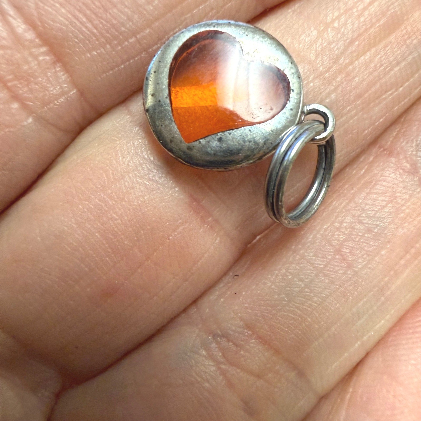 Vintage Sterling Silver 925 Orange Heart Round Charm Pendant China Small