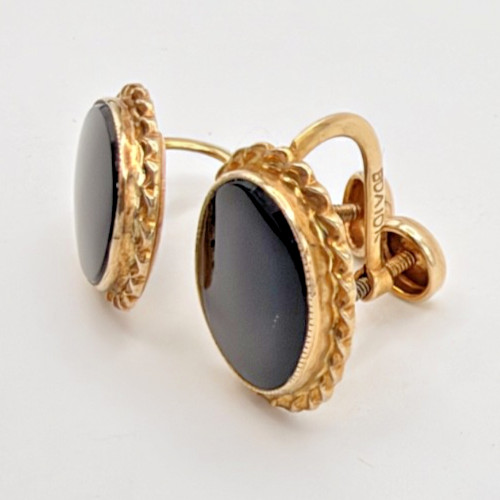 Vintage BDA 10K Gold Black Onyx Screw Back Earrings Oval Cabochon Estate 3.12g