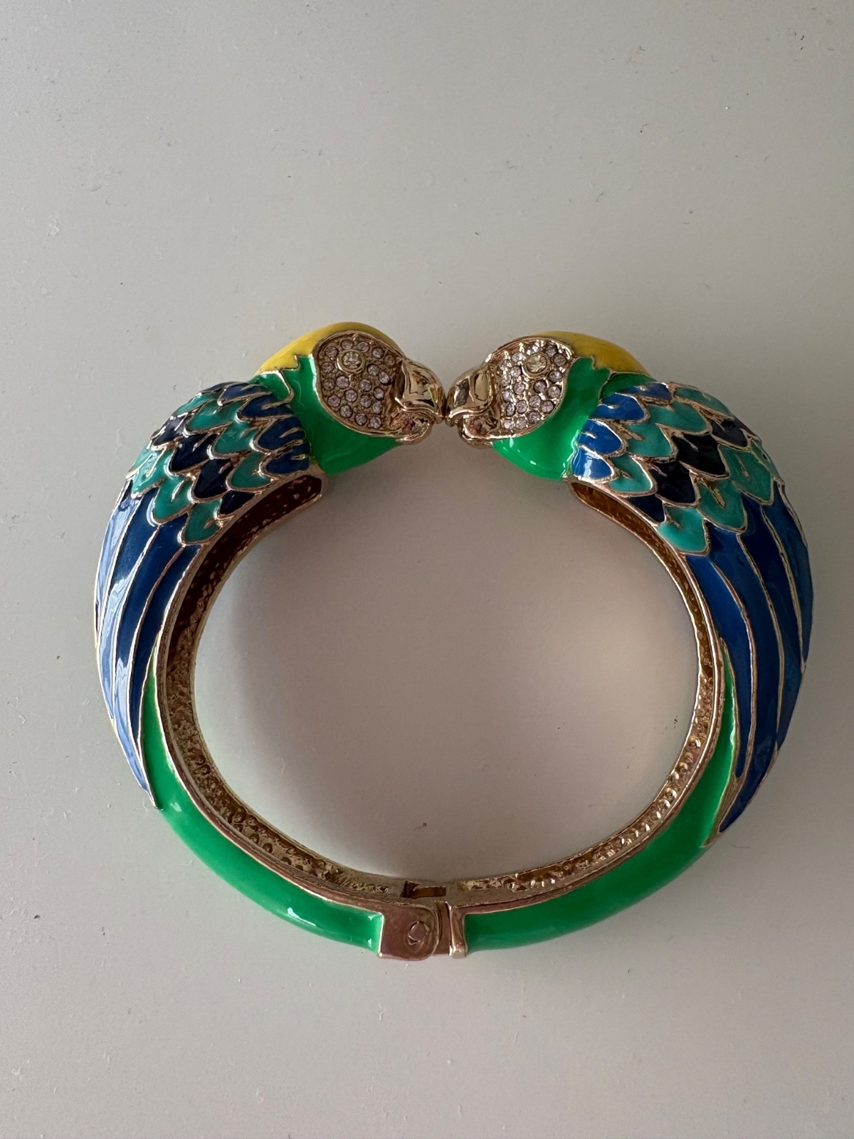 Gold Tone Kissing Parrot Birds Enamel Bracelet Cuff Blue Green Yellow