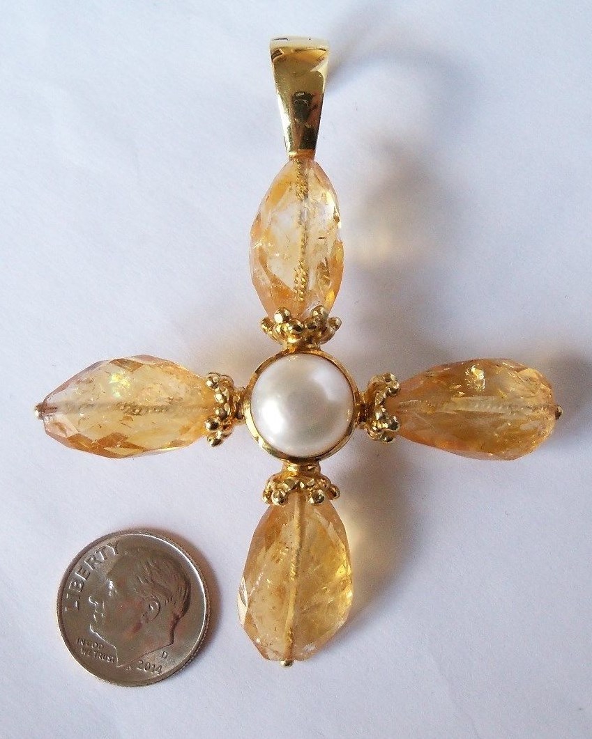 Vintage Mazza MAZ 18k Gold Citrine Pearl Cross Pendant Large Signed 21.4g