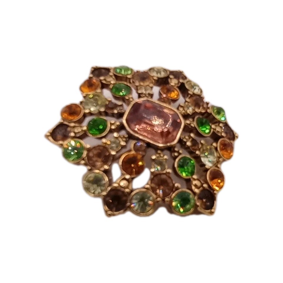 Vintage Liz Claiborne Floral Rhinestone Brooch Autumn Colors GT 1 3/4 in D