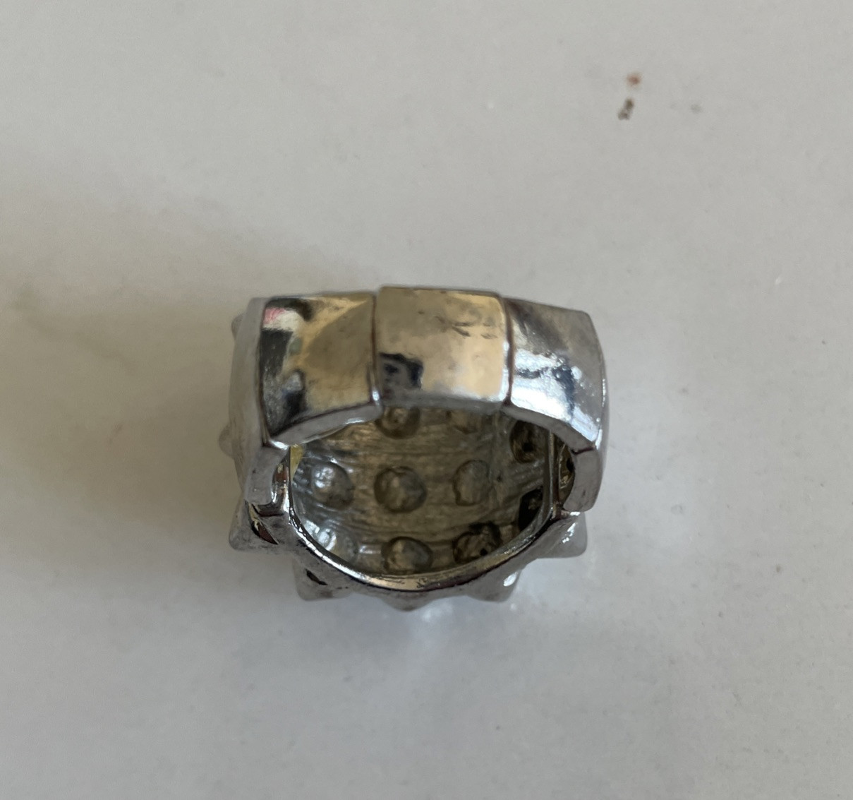Silver Spiky Domed Ring Stretch Band Clear Stones Sz 12