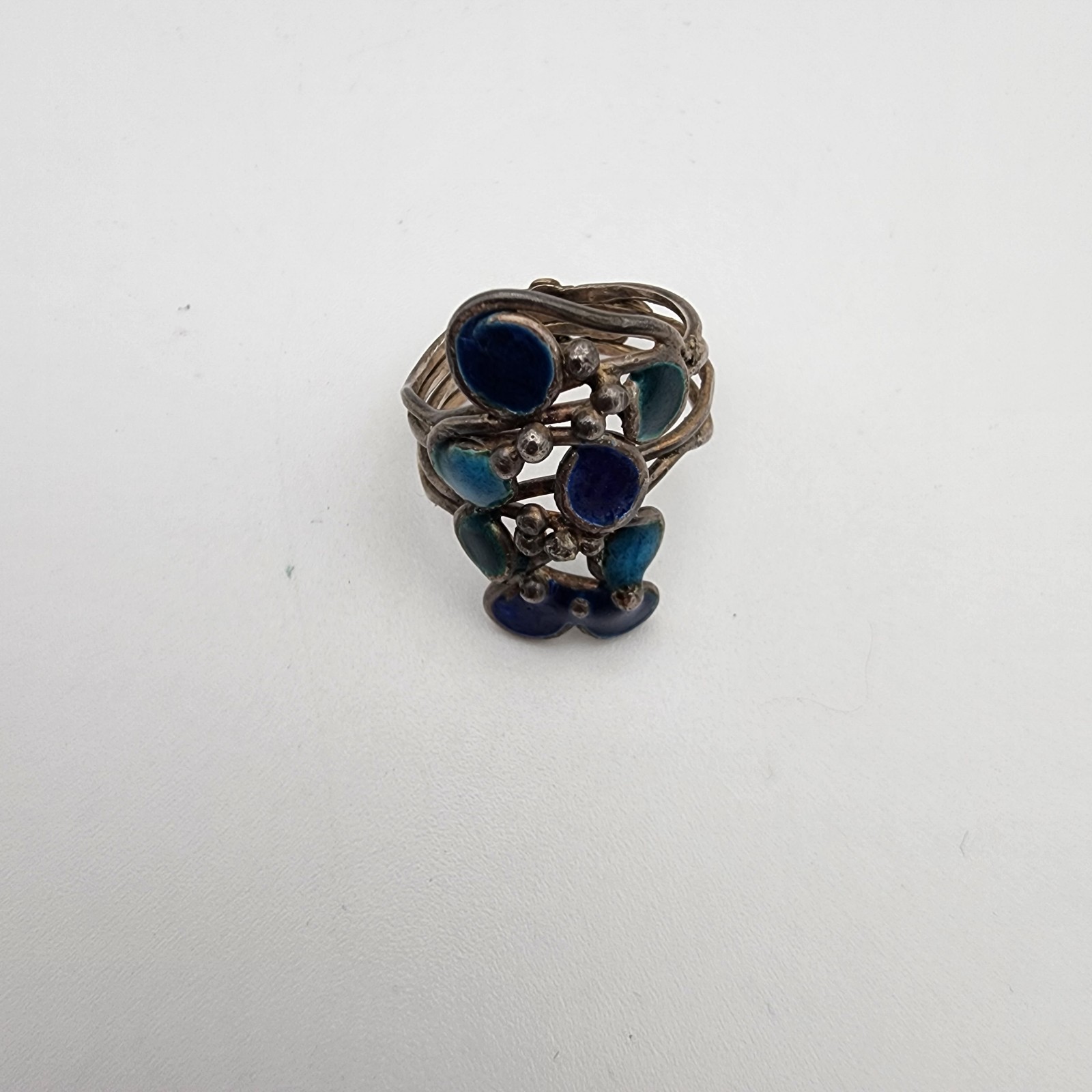 Vintage Signed RP Silver Teal Enamel Brutalist Multi Wire Strand Ring 7″