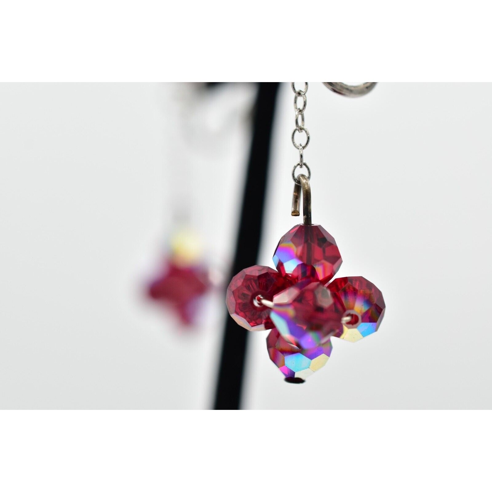 Vintage Red AB Crystal Clip On Earrings Dangle Drop Aurora Borealis 1950s A24